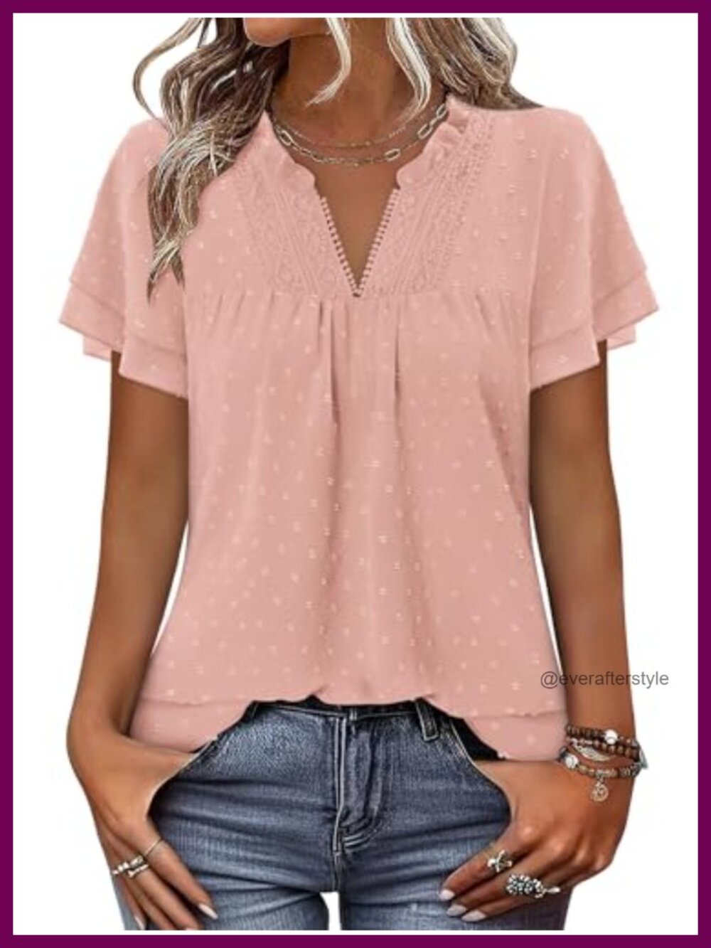 Womens Swiss Dot V Neck Short Sleeve Boho Blouse Flowy Dressy Casual Top